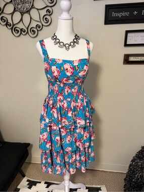 Betsey Johnson Teal Floral Tiered Sundress with Pink Roses